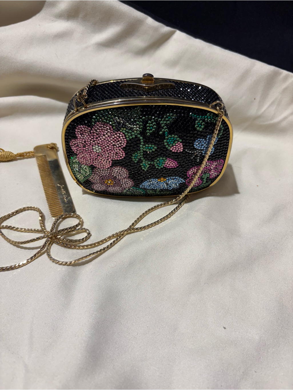 Judith Leiber Black Beaded Floral Evening Clutch With Gold Chain Strap